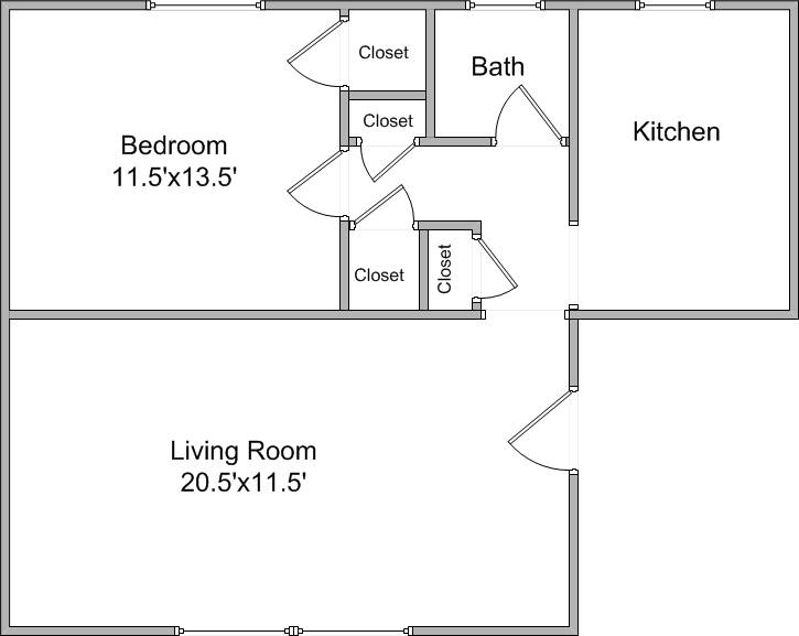 Floor plan for 1 bed, 1 bath, 518 sqft